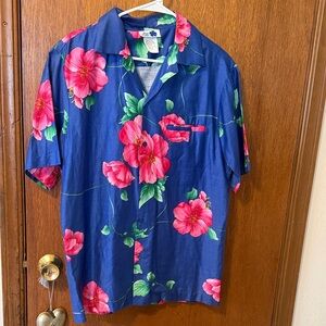 Hilo Hattie Blue Shirt with Pink Floral Design